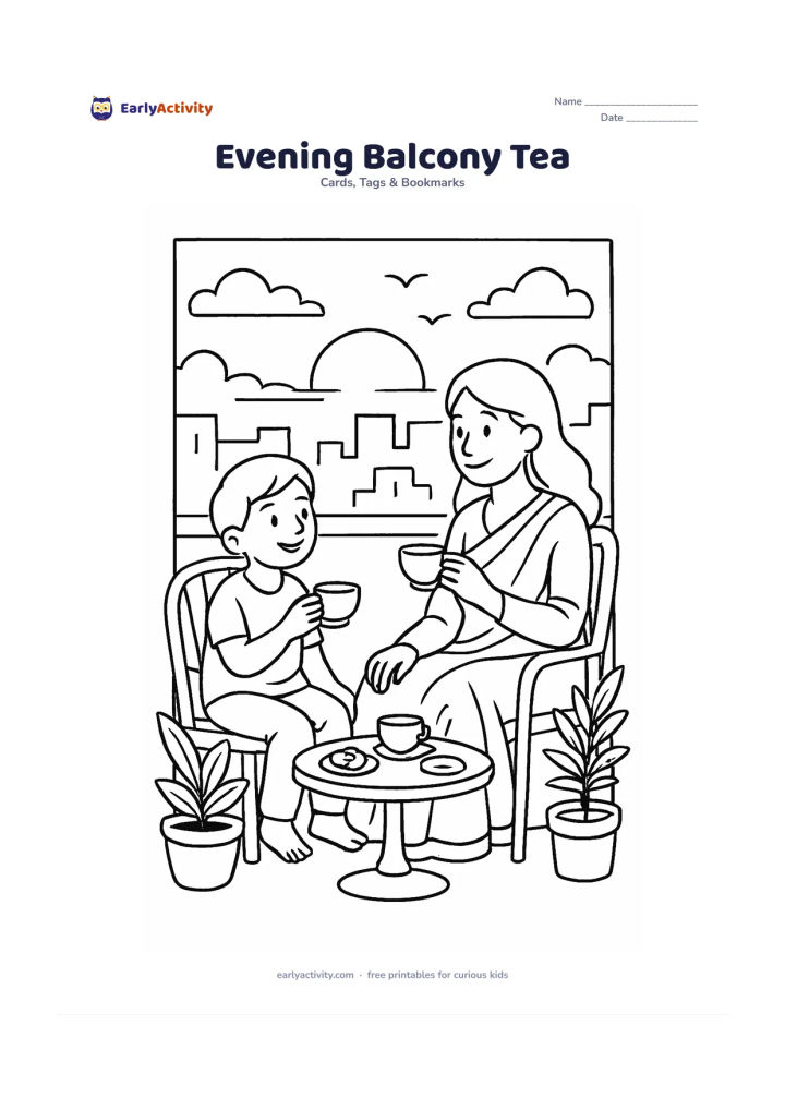 Worksheet: A mother and child sit on an Indian balcony at sunset, sharing tea beside a small table with cups, snacks and potted plants. Include a blank section of the balcony wall for writing, with…