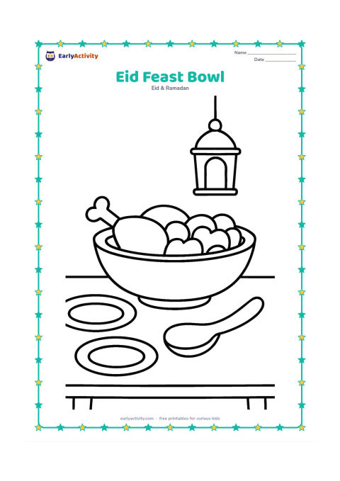 Colouring page: A large serving bowl of festive food sits on a low table with a crescent-shaped serving spoon nearby. Add two simple plates and a hanging lantern in the background.