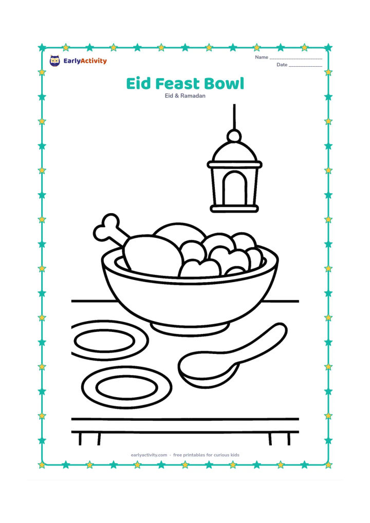 Colouring page: A large serving bowl of festive food sits on a low table with a crescent-shaped serving spoon nearby. Add two simple plates and a hanging lantern in the background.