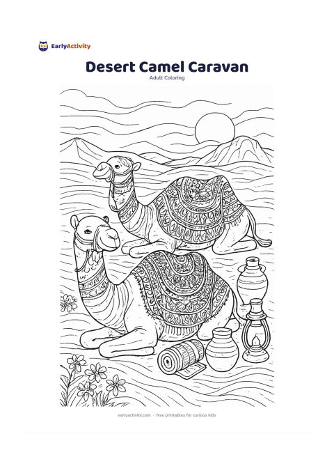 Colouring page: Draw two decorated camels resting near a desert campsite at sunset, with rolled blankets, clay pots, a lantern without lettering, dunes, desert flowers and distant rocky hills. Add…