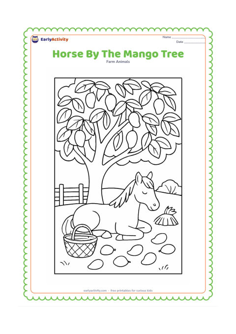 Colouring page: A horse rests beneath a broad mango tree while several fallen mangoes lie on the ground. Include a woven basket, a low fence, layered leaves and a small hay bundle.