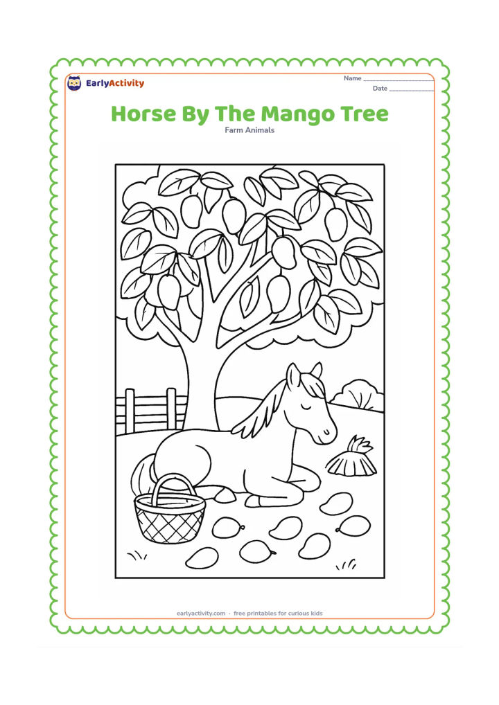 Colouring page: A horse rests beneath a broad mango tree while several fallen mangoes lie on the ground. Include a woven basket, a low fence, layered leaves and a small hay bundle.