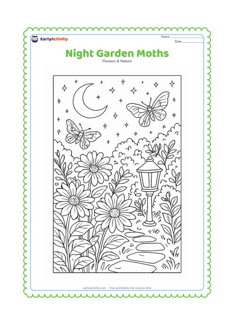Colouring page: Draw a peaceful moonlit flower garden with large night-blooming flowers, leafy bushes, a stone path, a garden lantern and two gentle moths hovering nearby. Add a starry sky using simple…