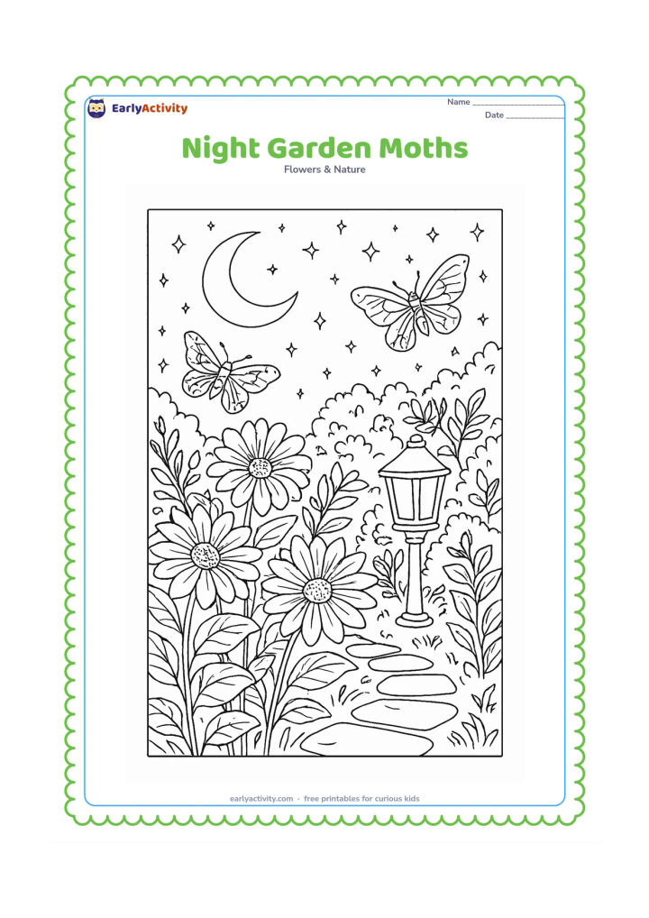 Colouring page: Draw a peaceful moonlit flower garden with large night-blooming flowers, leafy bushes, a stone path, a garden lantern and two gentle moths hovering nearby. Add a starry sky using simple…