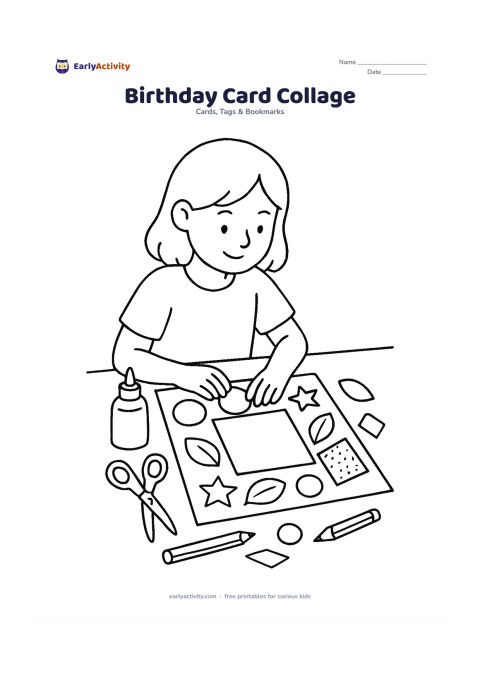 Worksheet: Show an older child creating a collage card from large paper circles, leaves, stars and fabric scraps, with a blank central panel for a message. Arrange glue, child-safe scissors,…