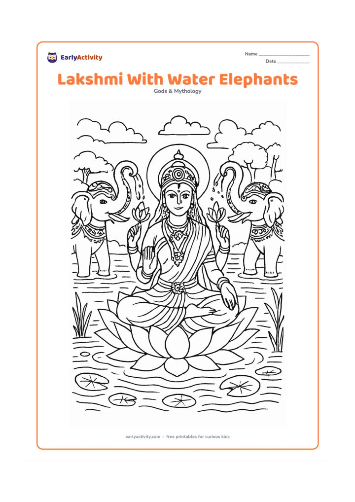 Colouring page: Draw Goddess Lakshmi seated on a many-petaled lotus while two decorated elephants pour water toward her from either side. Build a detailed river setting with reeds, floating leaves,…