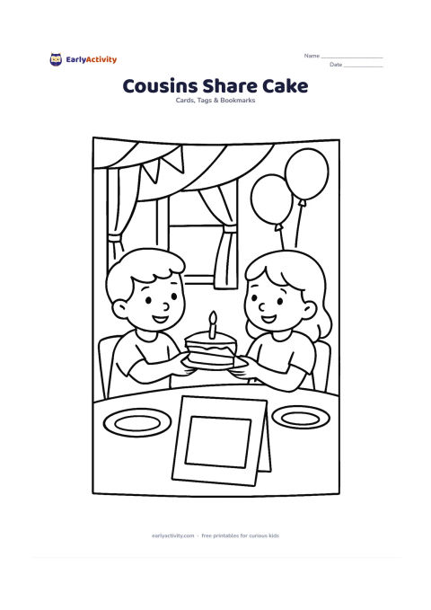 Worksheet: Show two children sharing a slice of birthday cake at a home celebration, with a whole cake, plates and a blank greeting panel on the foreground card. Include a window, simple curtains…