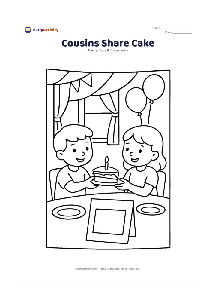 Worksheet: Show two children sharing a slice of birthday cake at a home celebration, with a whole cake, plates and a blank greeting panel on the foreground card. Include a window, simple curtains…