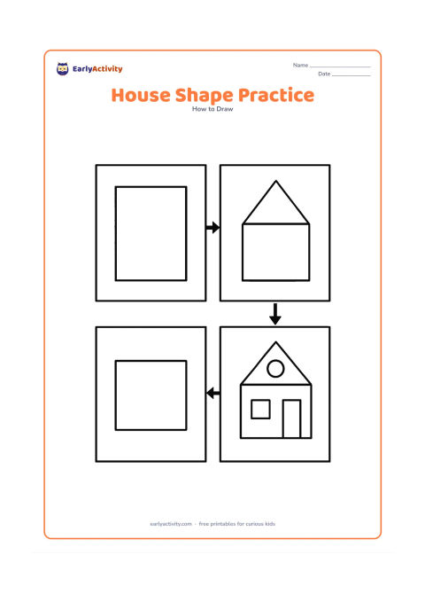 Worksheet: Show a large house drawing guide with a rectangle for the walls, a triangle roof, square windows, a rectangle door and a circular window, arranged in a clean visual sequence from basic…