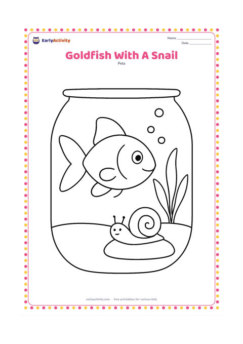 Colouring page: Draw one large goldfish near the bottom of a bowl or aquarium, with one simple water snail on a broad stone and a single plant. The fish should remain the main subject.