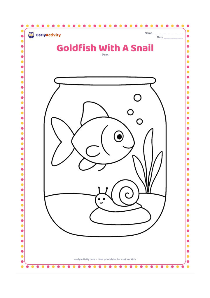 Colouring page: Draw one large goldfish near the bottom of a bowl or aquarium, with one simple water snail on a broad stone and a single plant. The fish should remain the main subject.