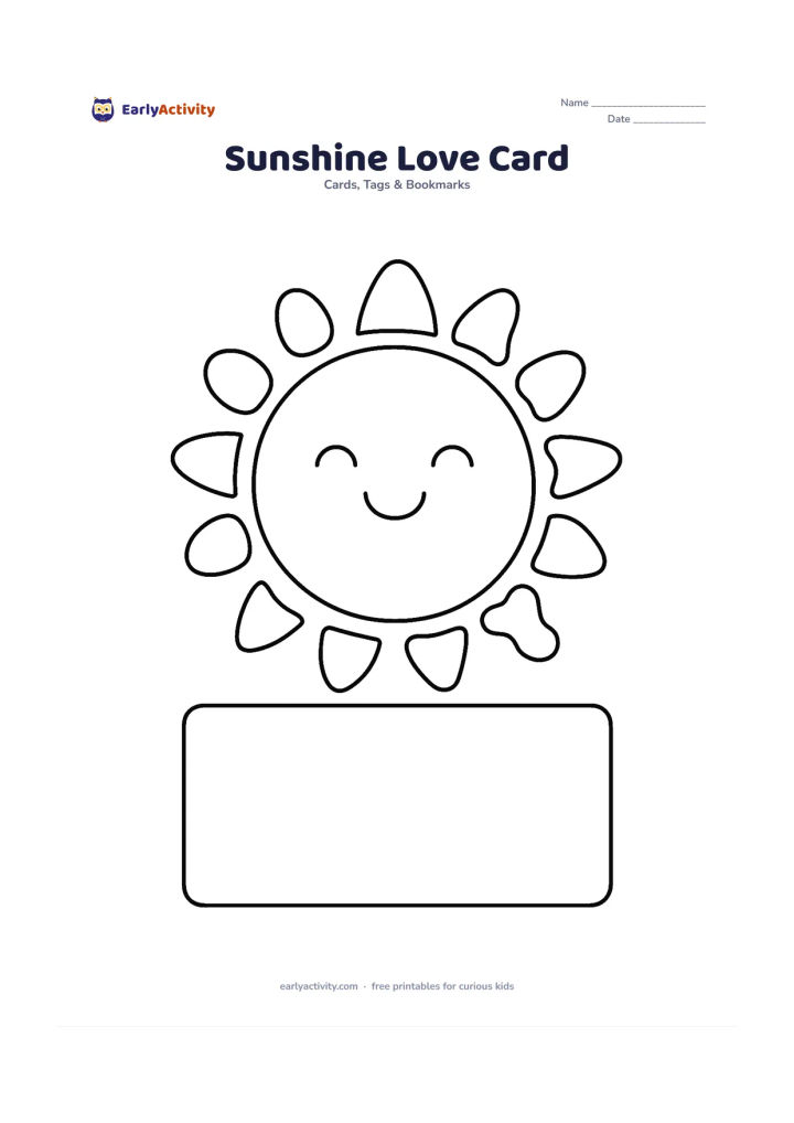 Worksheet: A large round sun with a friendly face is surrounded by thick rays made from circles, triangles and wavy shapes. Put a wide empty message panel beneath the sun and no writing inside the…