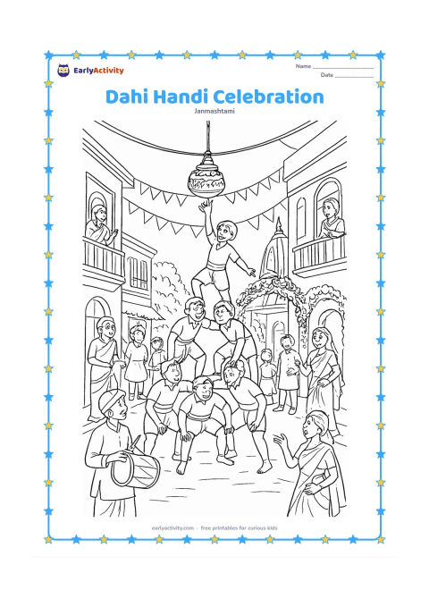 Colouring page: Draw a lively but safe Janmashtami street celebration with a team forming a human pyramid toward a decorated hanging curd pot, while families watch, musicians play drums and dancers move…