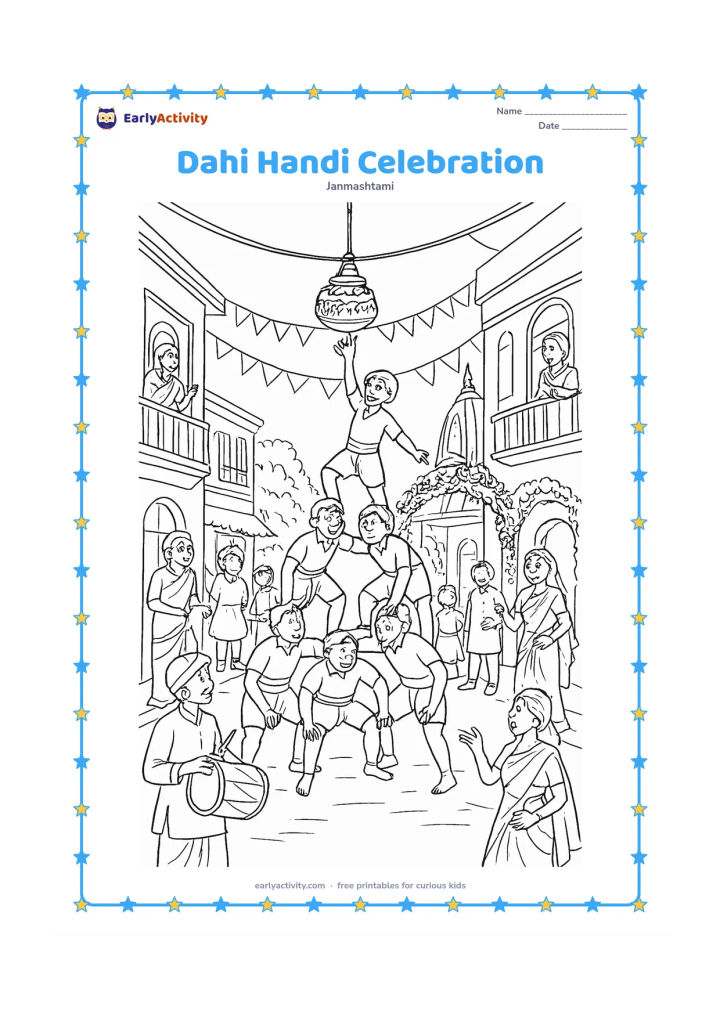 Colouring page: Draw a lively but safe Janmashtami street celebration with a team forming a human pyramid toward a decorated hanging curd pot, while families watch, musicians play drums and dancers move…