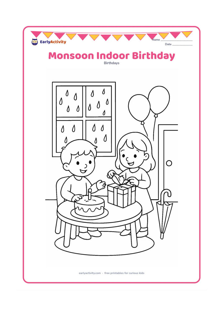 Colouring page: During a rainy afternoon, two children celebrate indoors beside a window covered with raindrops, sharing a cake and opening a gift. Add an umbrella drying by the door, balloons and a…