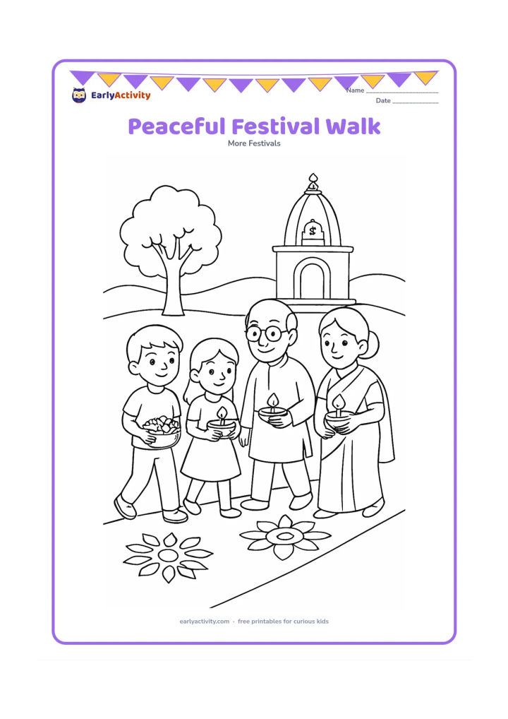 Colouring page: Draw children and grandparents walking quietly toward a Jain temple during a spring festival, carrying flower baskets and covered lamps, with rangoli shapes on the path.