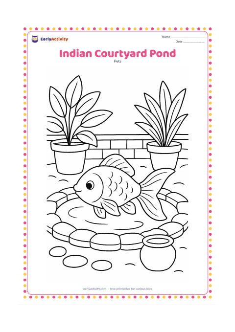 Colouring page: Draw a friendly goldfish swimming in a small courtyard pond surrounded by broad potted plants, rounded paving stones and a low decorative wall. Include a simple clay pot beside the pond…