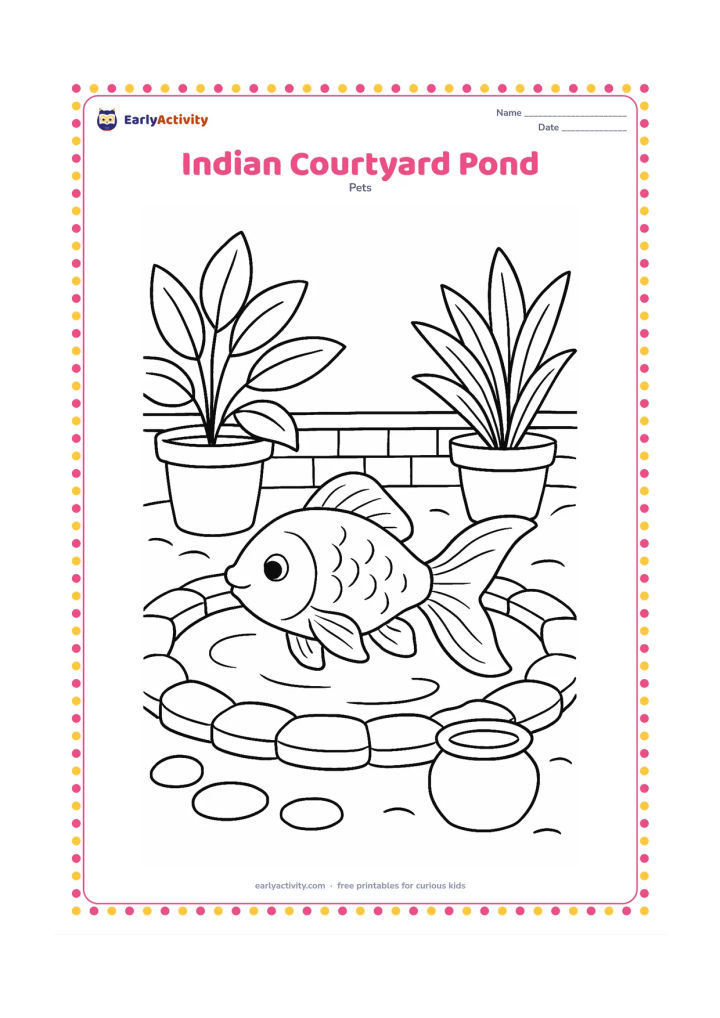 Colouring page: Draw a friendly goldfish swimming in a small courtyard pond surrounded by broad potted plants, rounded paving stones and a low decorative wall. Include a simple clay pot beside the pond…