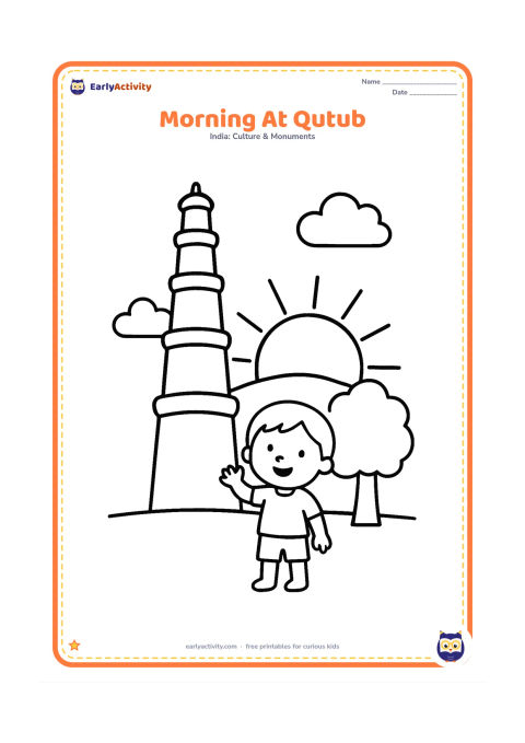 Colouring page: Draw Qutub Minar in early morning with a large rising sun, two clouds, and a child waving from the open courtyard. Include a simple tree and ground line.