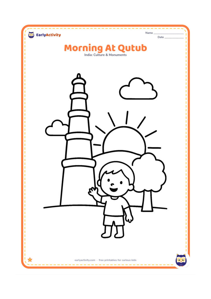 Colouring page: Draw Qutub Minar in early morning with a large rising sun, two clouds, and a child waving from the open courtyard. Include a simple tree and ground line.