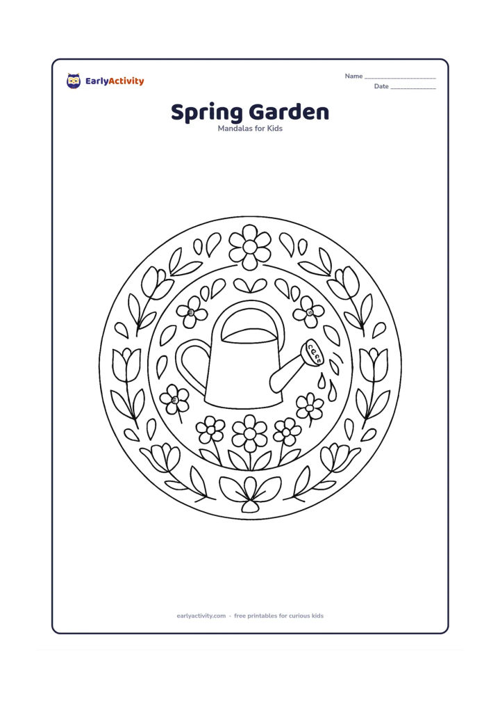 Colouring page: A circular mandala centred on a watering can pouring toward a flower bed, with repeated tulips, daisies, leaves, butterflies and curved water drops around the outer rings. Balance the…