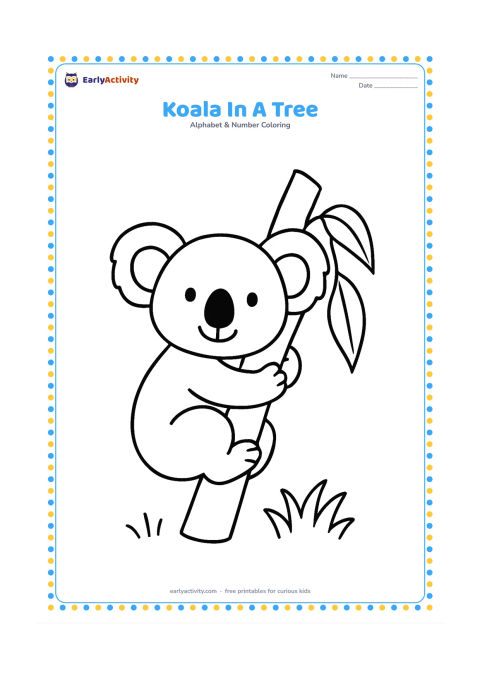 Colouring page: A smiling koala hugs a thick tree branch while two large eucalyptus leaves hang nearby. Show a simple patch of grass below.