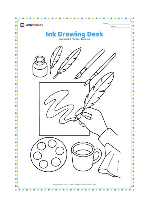 Colouring page: Draw an overhead view of a desk with an ink bottle, several quills and brushes, a blank sheet of paper, a palette, a cup, and a folded cloth. Show a hand beginning a broad abstract mark…