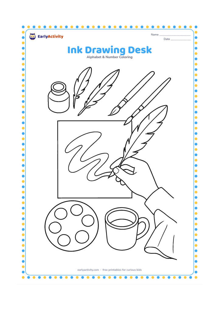 Colouring page: Draw an overhead view of a desk with an ink bottle, several quills and brushes, a blank sheet of paper, a palette, a cup, and a folded cloth. Show a hand beginning a broad abstract mark…