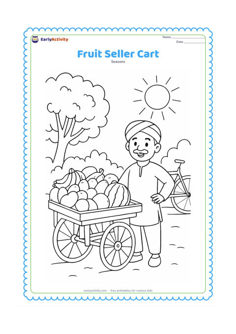 Colouring page: A friendly fruit seller stands beside a handcart piled with mangoes, bananas and watermelons on a sunny Indian street, with a bicycle and leafy tree behind.