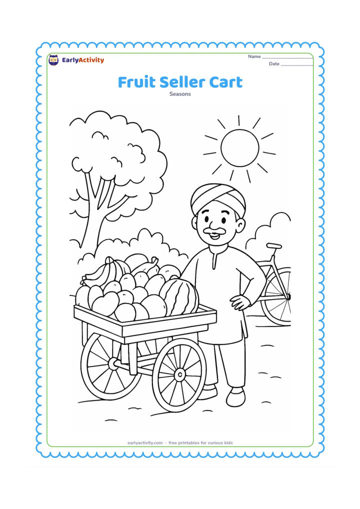 Colouring page: A friendly fruit seller stands beside a handcart piled with mangoes, bananas and watermelons on a sunny Indian street, with a bicycle and leafy tree behind.