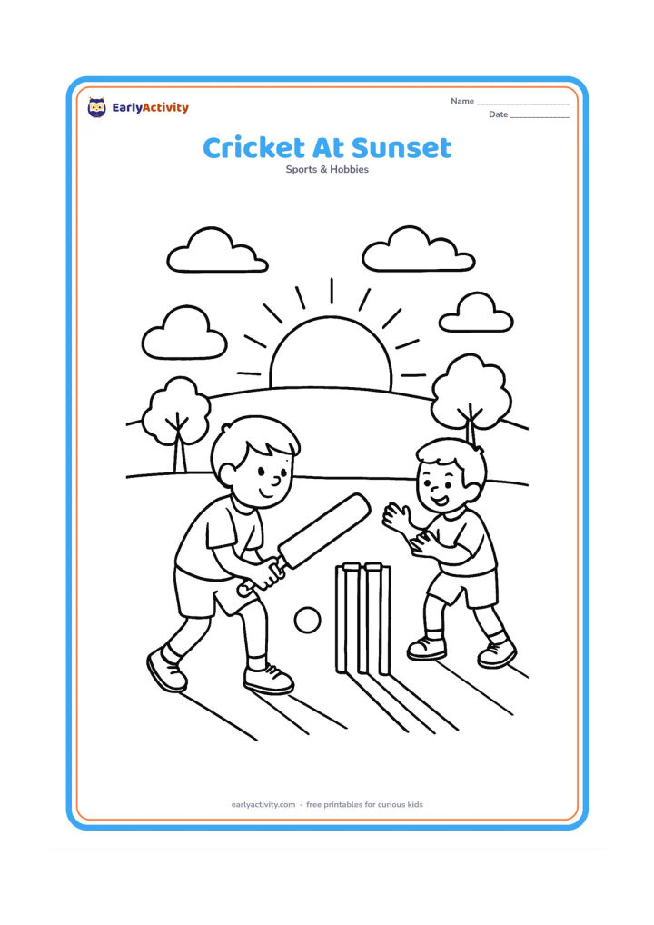Colouring page: A child batter and a child fielder playing on an open ground while the sun sits low near the horizon. Include wickets, a ball, long shadows, trees and simple cloud shapes.