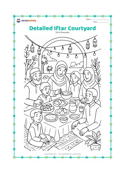 Colouring page: A large family shares iftar in an Indian courtyard at sunset, with a low cloth-covered table, dates, fruit, samosas, flatbreads, serving dishes, water jugs, cushions, plants, and string…