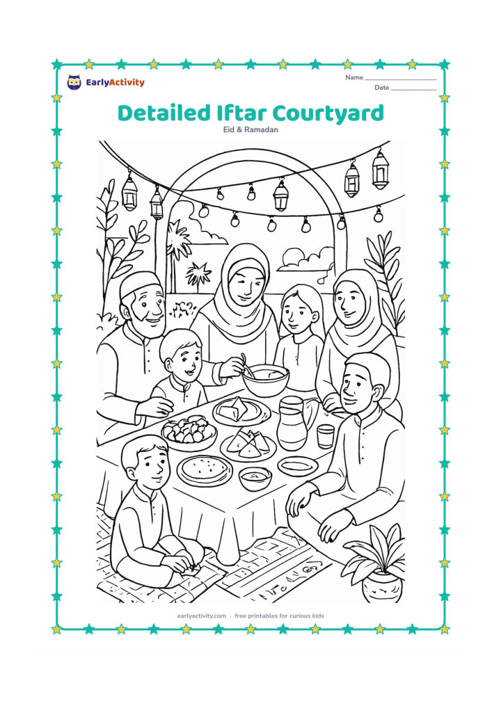 Colouring page: A large family shares iftar in an Indian courtyard at sunset, with a low cloth-covered table, dates, fruit, samosas, flatbreads, serving dishes, water jugs, cushions, plants, and string…
