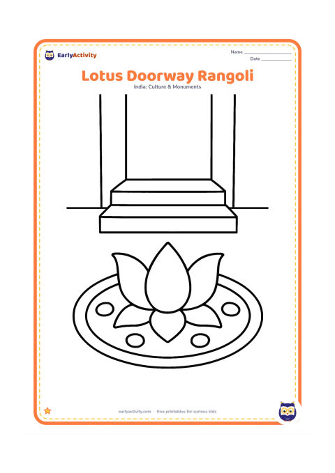 Colouring page: Show a simple lotus-shaped rangoli placed outside a home doorway, with three broad petals, a few large dots and two plain steps behind it. Leave the doorway and floor uncluttered.