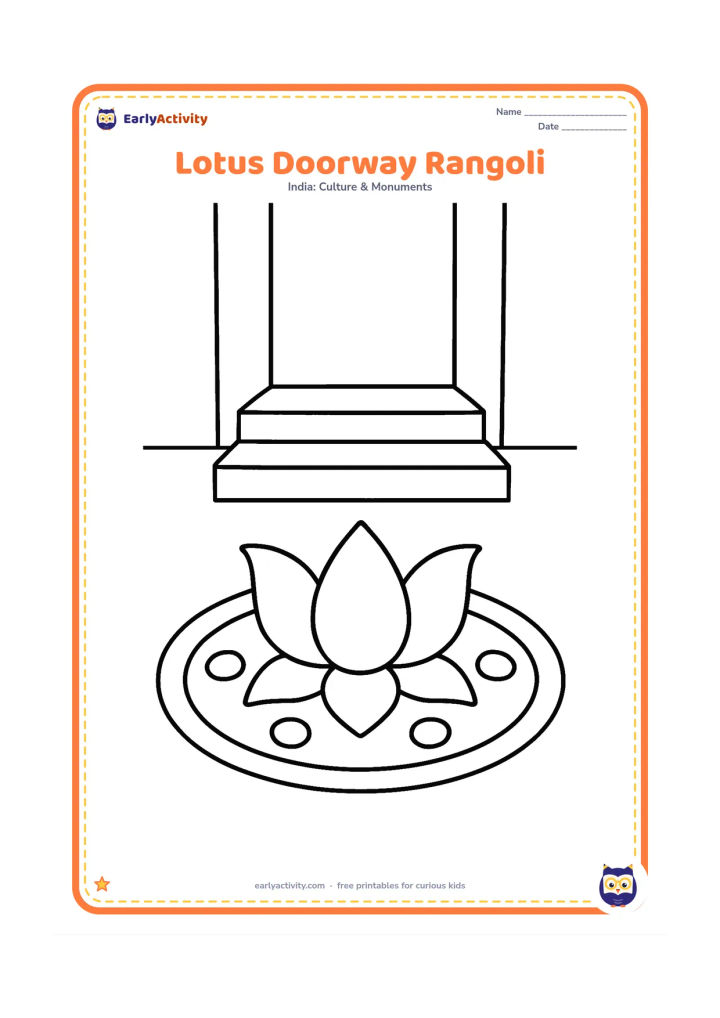 Colouring page: Show a simple lotus-shaped rangoli placed outside a home doorway, with three broad petals, a few large dots and two plain steps behind it. Leave the doorway and floor uncluttered.