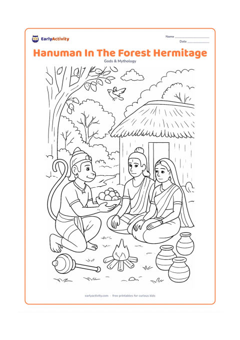Colouring page: Hanuman visits a quiet forest hermitage where Rama and Sita sit near a simple hut, offering them fruit while his gada rests nearby. Include a thatched roof, clay pots, a small fire pit…