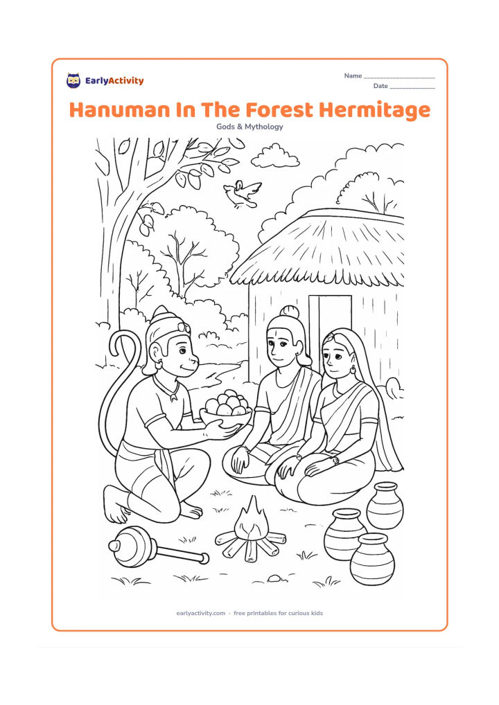 Colouring page: Hanuman visits a quiet forest hermitage where Rama and Sita sit near a simple hut, offering them fruit while his gada rests nearby. Include a thatched roof, clay pots, a small fire pit…