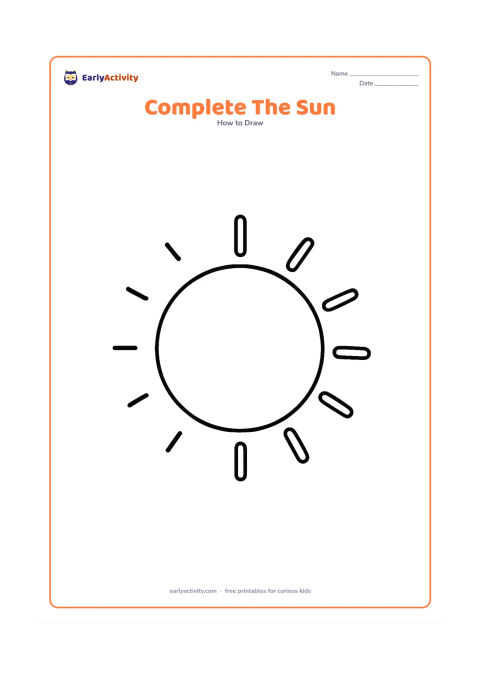 Worksheet: Show a large sun circle with only half of its rays already drawn and clear empty spaces where the remaining rays should be added. Include a few faint guide marks without any words or…