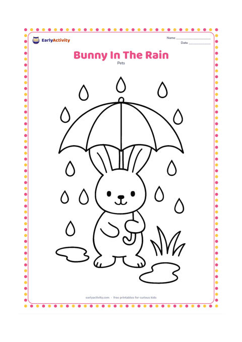 Colouring page: Draw a bunny standing under a large open umbrella while small raindrops fall around it. Add two puddles and a few broad blades of grass, with the bunny's long ears visible beneath the…