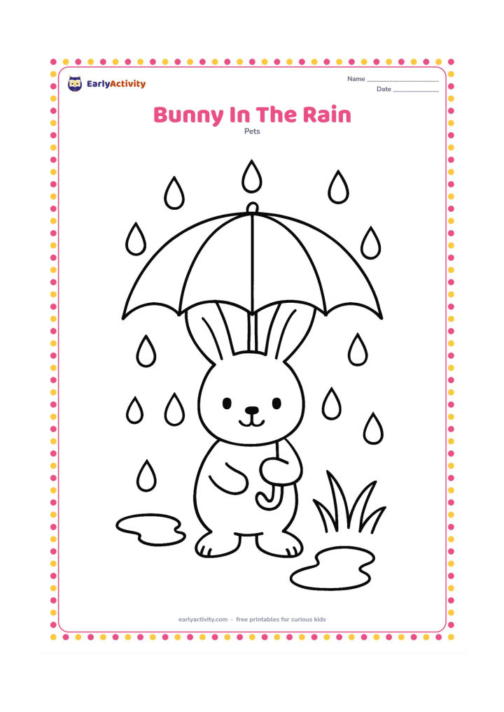 Colouring page: Draw a bunny standing under a large open umbrella while small raindrops fall around it. Add two puddles and a few broad blades of grass, with the bunny's long ears visible beneath the…