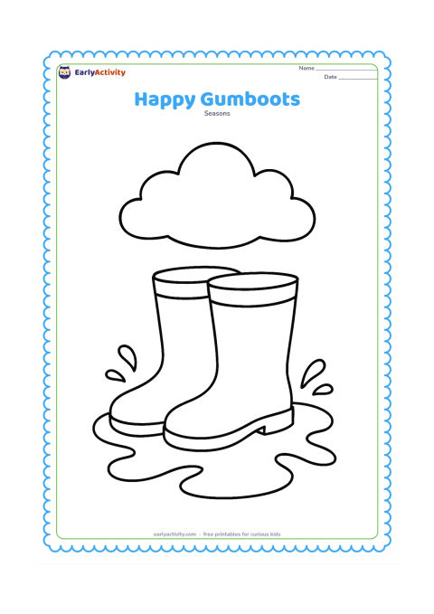 Colouring page: A pair of large gumboots stands in a shallow puddle with simple splash shapes around the boots. Place one puffy rain cloud above them.