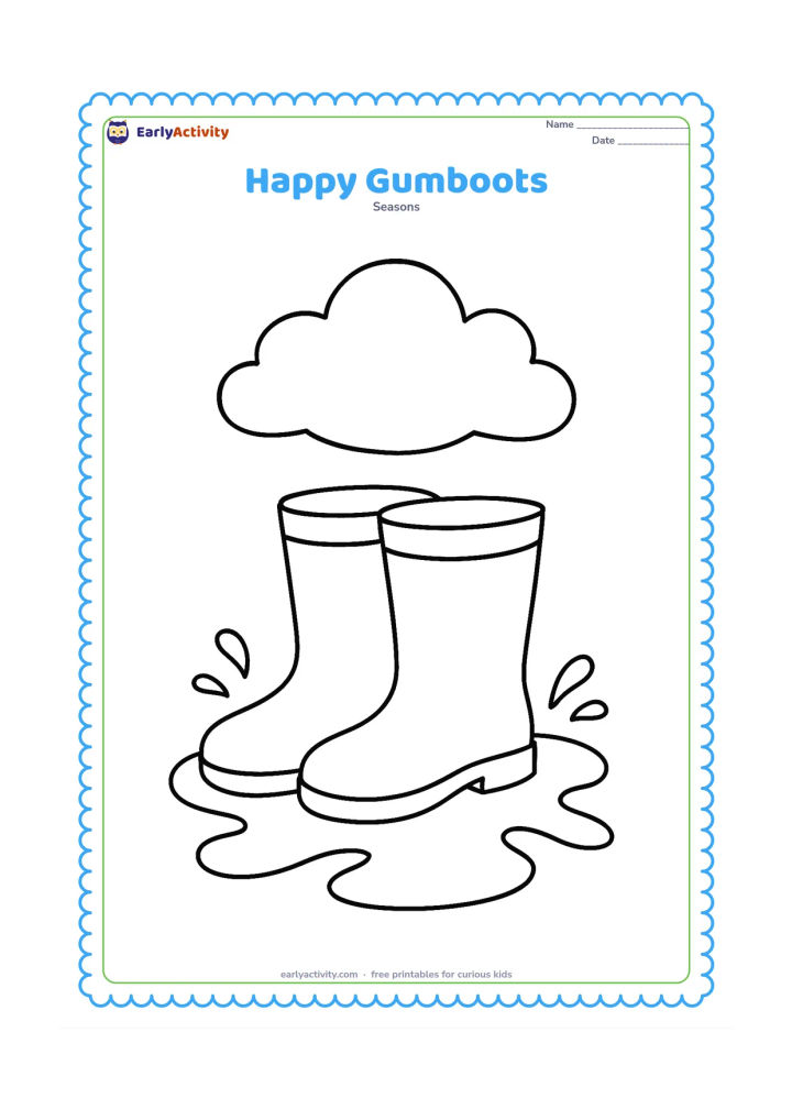 Colouring page: A pair of large gumboots stands in a shallow puddle with simple splash shapes around the boots. Place one puffy rain cloud above them.