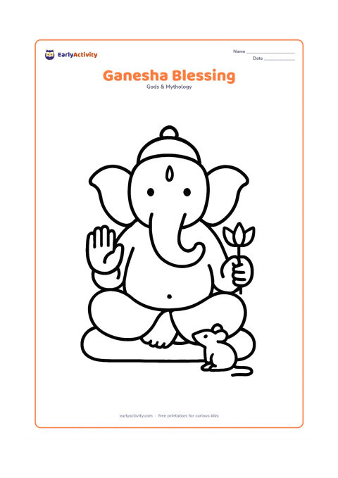 Colouring page: Lord Ganesha sits on a simple cushion with one hand raised in blessing and the other holding a lotus. His trunk curves gently to one side, with a small mouse at the bottom.