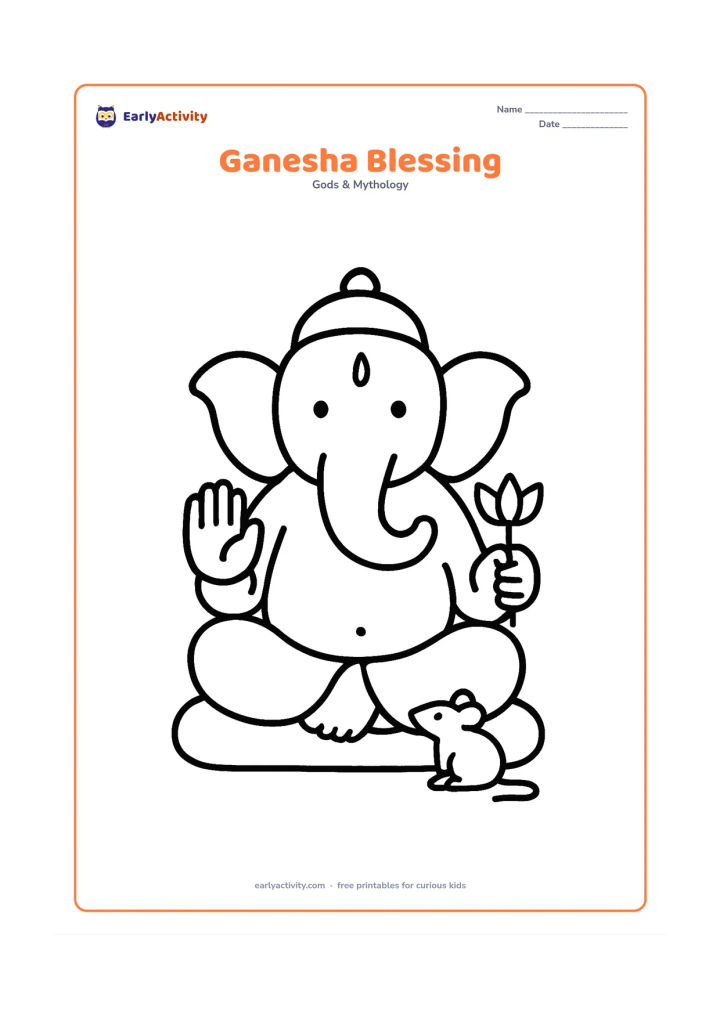 Colouring page: Lord Ganesha sits on a simple cushion with one hand raised in blessing and the other holding a lotus. His trunk curves gently to one side, with a small mouse at the bottom.