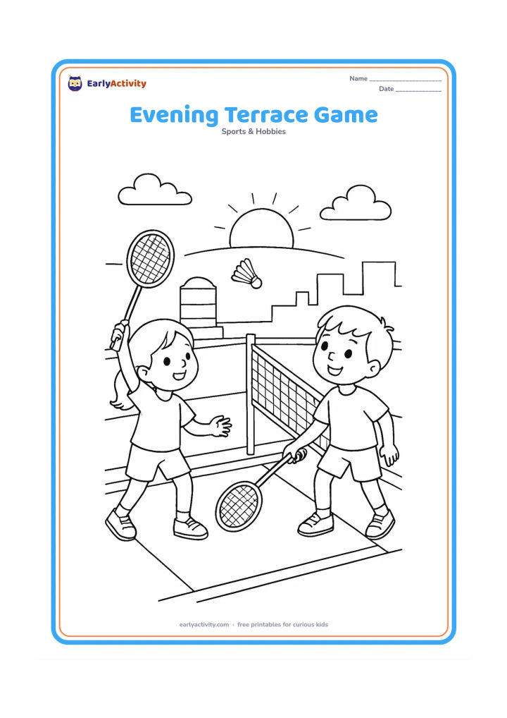 Colouring page: Draw two children playing badminton on a residential terrace at sunset, with a net, court markings, water tank, low parapet and distant building silhouettes. Place the shuttlecock high…