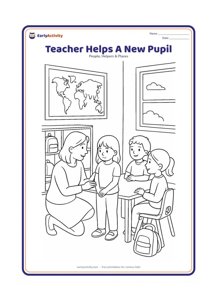 Colouring page: A teacher kneels beside a shy new child and introduces the child to two friendly classmates at a desk group. Show a classroom map without markings, cubbies, bags, a lunch box and a window.