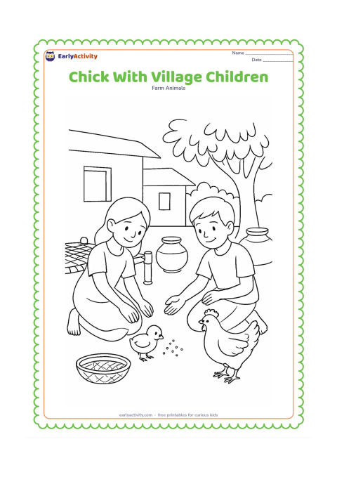 Colouring page: Draw two smiling children gently offering grain to a chick and a hen in an Indian village courtyard. Include a charpai, clay pots, a leafy tree, a simple house wall, and a woven basket.