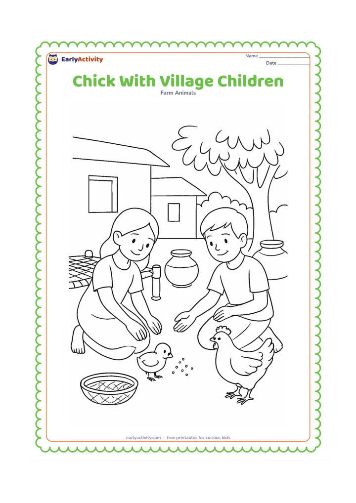 Colouring page: Draw two smiling children gently offering grain to a chick and a hen in an Indian village courtyard. Include a charpai, clay pots, a leafy tree, a simple house wall, and a woven basket.
