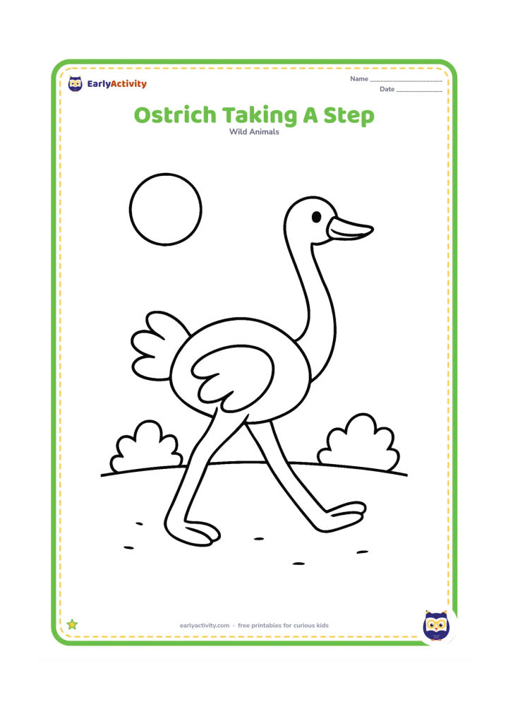 Colouring page: Draw one ostrich taking a big step across sandy ground, with its wings slightly open and neck held high. Add two small bushes and a round sun.