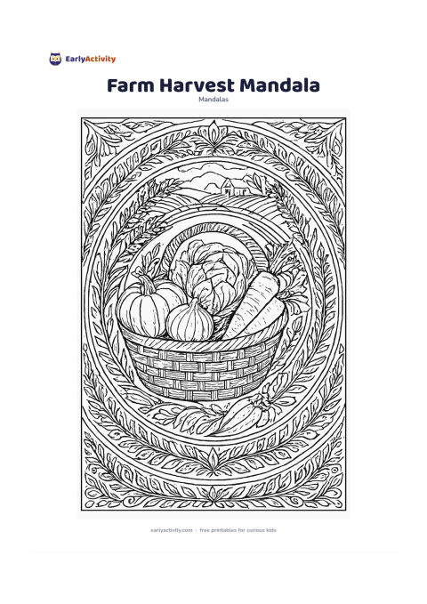 Colouring page: Draw a basket overflowing with vegetables at the centre of a circular farm mandala, surrounded by wheat, pumpkins, carrots, leaves, curved furrows, and repeating harvest borders. Include…